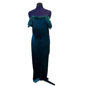 Teal Blue Green Sparkle Velvet Fur Off Shoulder Maxi Dress